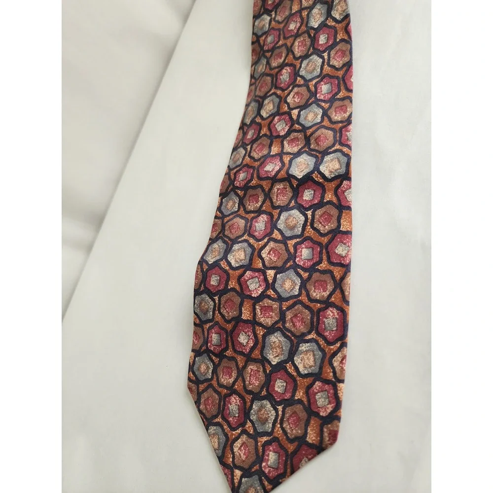 Hathaway Mens Silk Necktie Burgundy Copper Grey Geometric Hexagon Made in USA